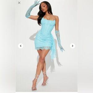 Blue lace mini dress + lace gloves
